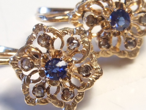 アンティークブルーサファイアピアス（ローズカットダイヤモンド