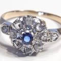 ブルーサファイヤアンティーク指輪（ダイヤモンド、クラスターリング、1900年頃のフランス）